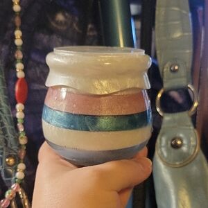 Handmade Resin Blue, Pink, White & Clear Shimmer Striped Jar W/ Screw On Lid